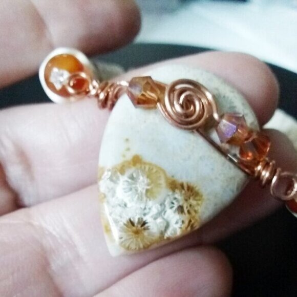 Rustic!!! Wire Wrapped Fossilized Coral Rock Teardrop Focal + Orange Agate Beads - Picture 9 of 12